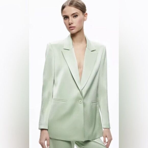 NWT Alice + Olivia Denny Satin Green Blazer Crepe Size 6 - Picture 7 of 15